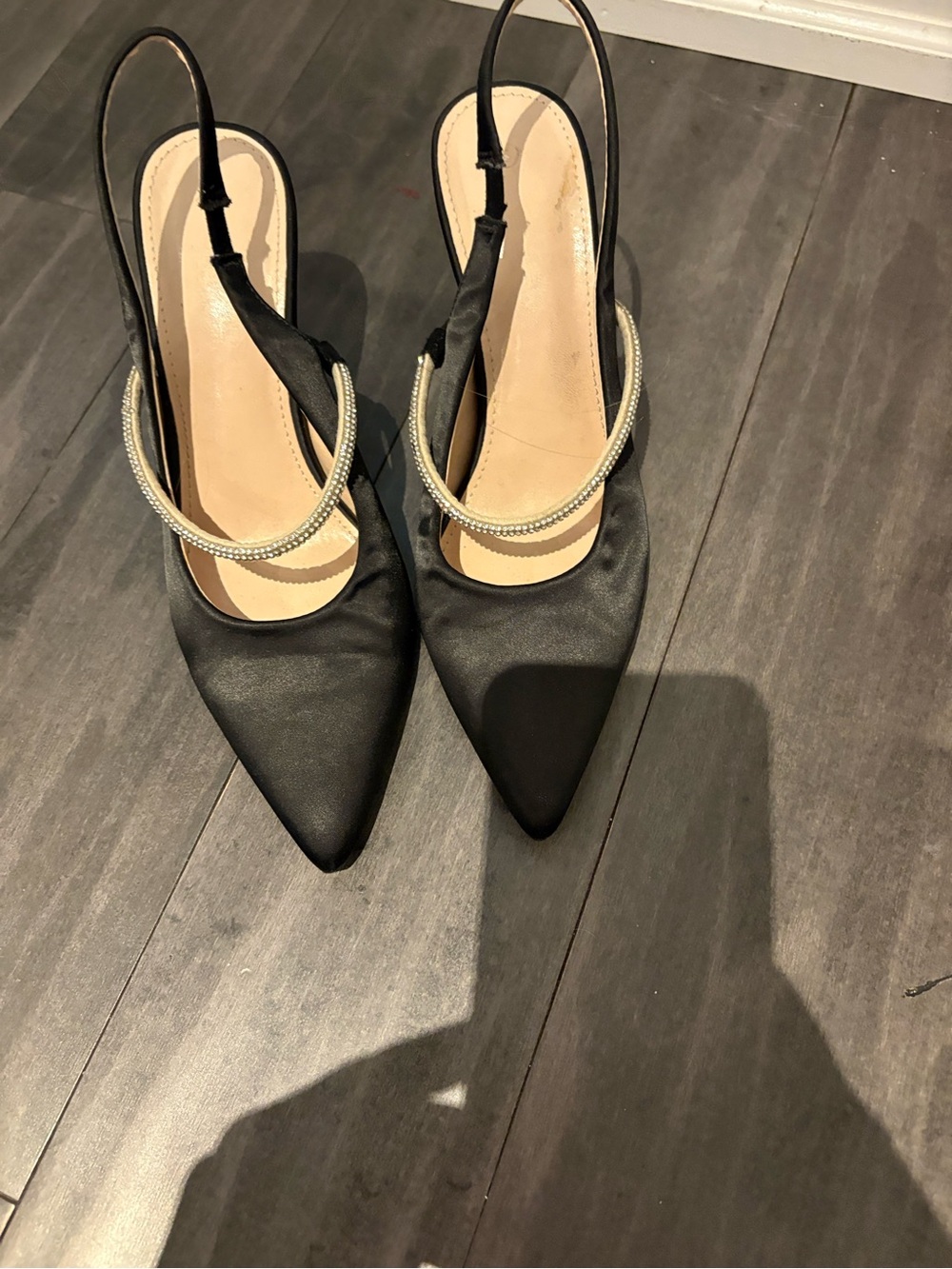 Black Slingback Pointed Toe Heels with Crystal Strap
